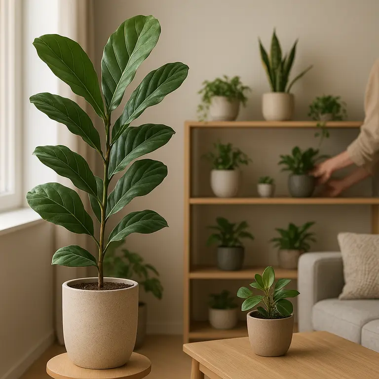 Sala de estar moderna organizada com planta alta próxima à janela e vasos menores com plantas de meia sombra em estantes