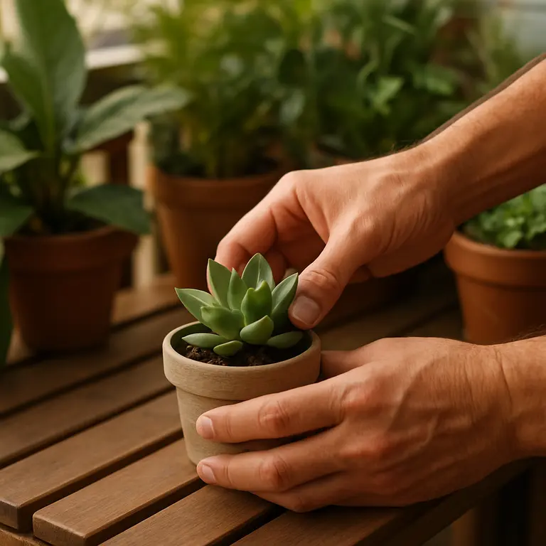 Mãos adultas ajustando vaso pequeno de suculenta em varanda compacta com detalhes de madeira e plantas ao fundo