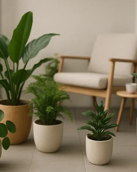 plantas varanda pequena vasos ceramica Varanda pequena moderna com plantas variadas em vasos de cerâmica e madeira clara