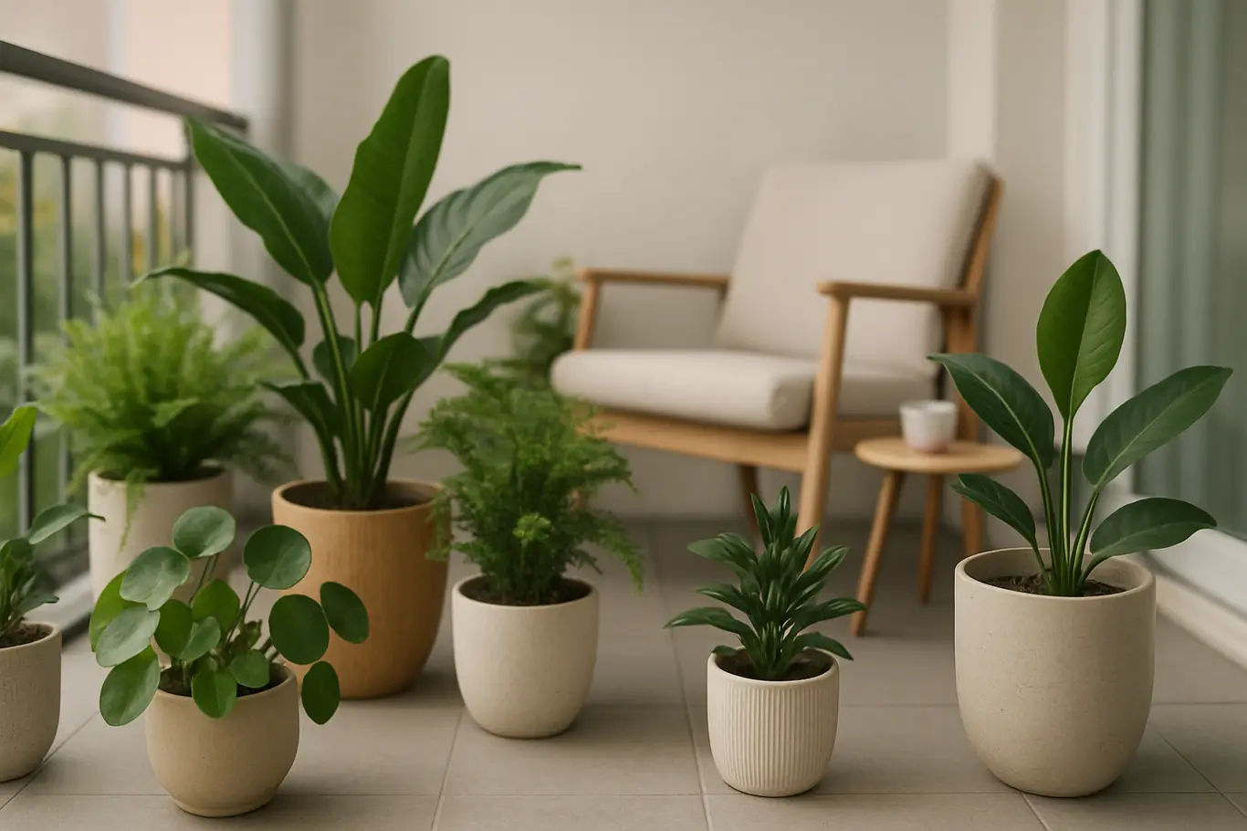 plantas varanda pequena vasos ceramica Varanda pequena moderna com plantas variadas em vasos de cerâmica e madeira clara