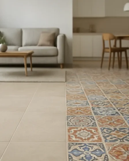 porcelanato ceramica escolha comodo casa Ambiente moderno com piso porcelanato no estar à esquerda e piso cerâmico colorido à direita