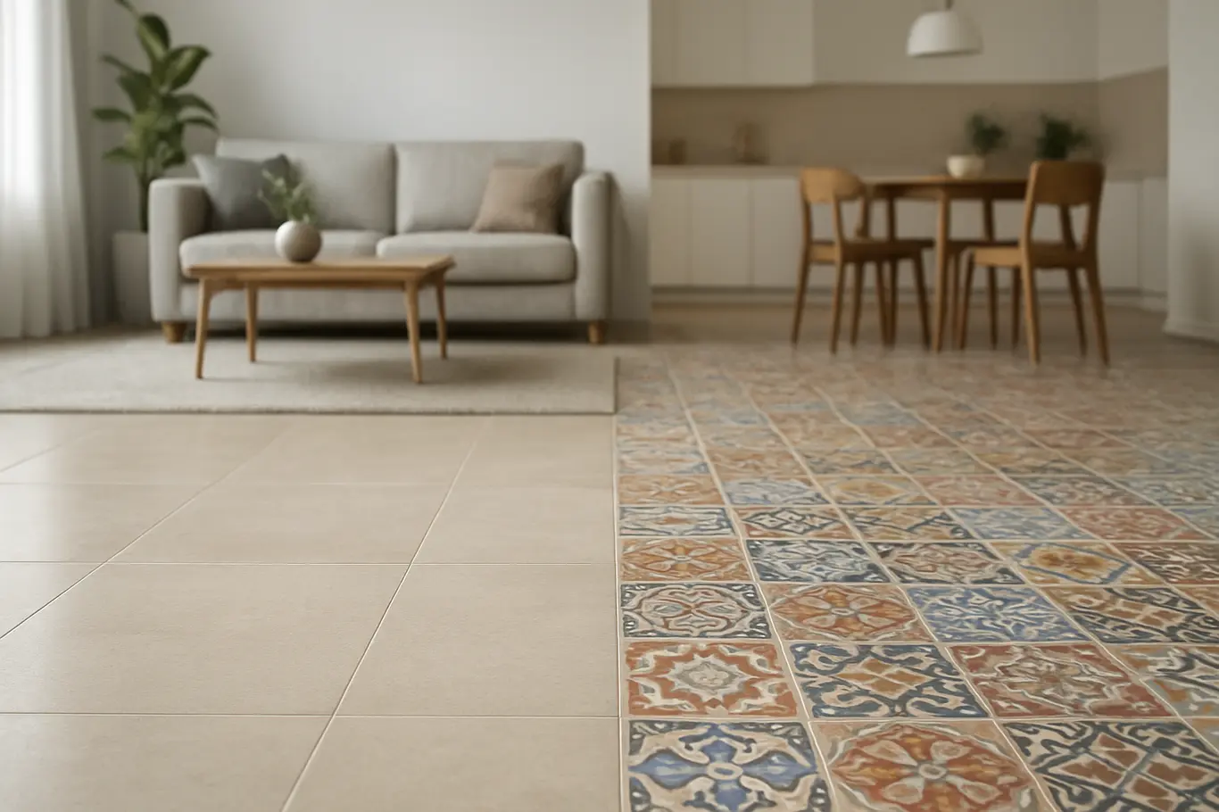 porcelanato ceramica escolha comodo casa Ambiente moderno com piso porcelanato no estar à esquerda e piso cerâmico colorido à direita