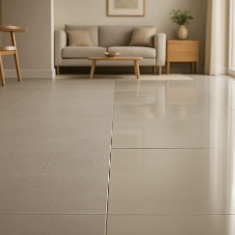 Piso interno residencial dividido em porcelanato fosco texturizado à esquerda e porcelanato brilhoso polido à direita com evidência de contraste entre os acabamentos