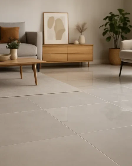 porcelanato fosco ou brilhoso contraste Sala moderna com piso de porcelanato metade fosco e metade brilhoso mostrando contraste de texturas