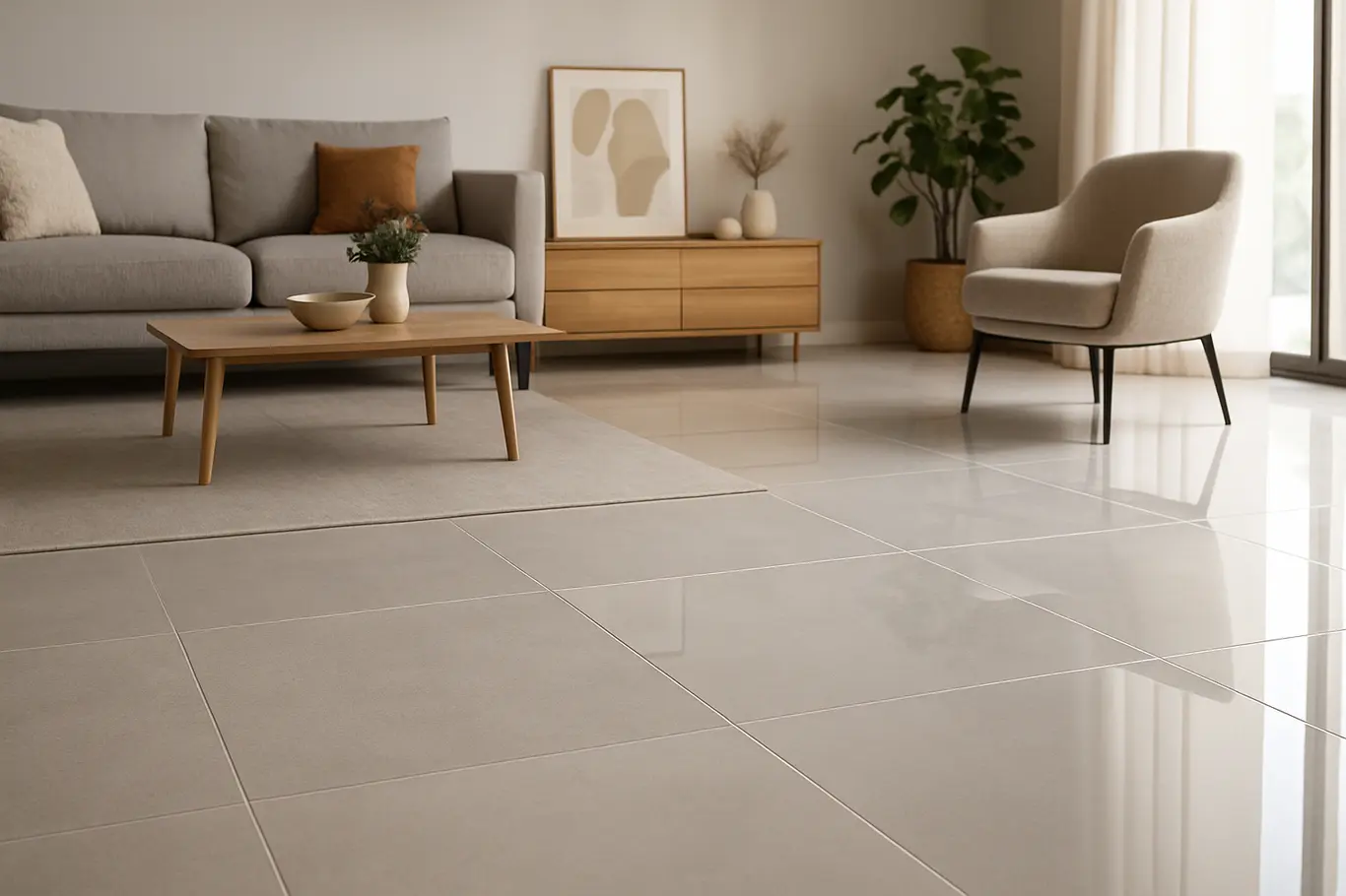 porcelanato fosco ou brilhoso contraste Sala moderna com piso de porcelanato metade fosco e metade brilhoso mostrando contraste de texturas