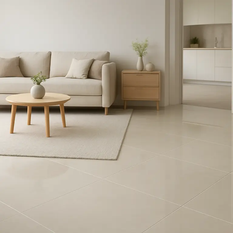 Sala de estar com piso de porcelanato claro e sofá cinza