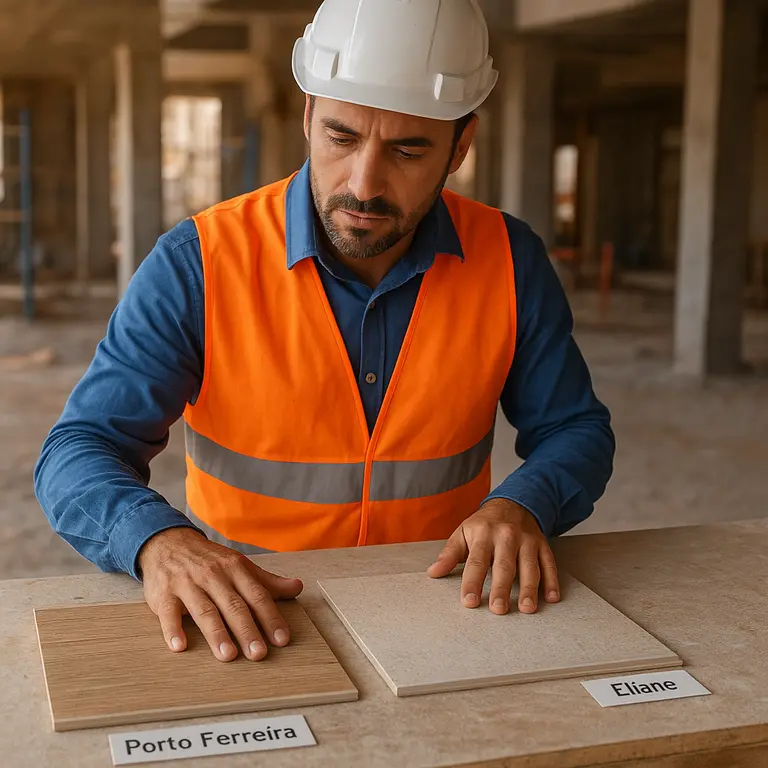 Profissional da construção civil examinando amostras de pisos Eliane e Porto Ferreira em bancada de obra