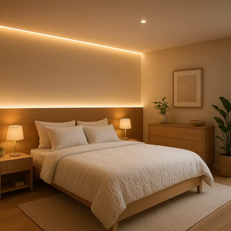 Quarto moderno com iluminação indireta e decoração aconchegante