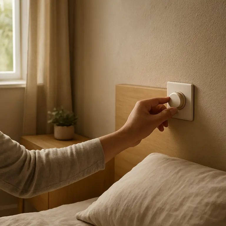 Pessoa ajustando intensidade do dimmer da luz indireta atrás da cabeceira da cama em quarto com móveis de madeira clara