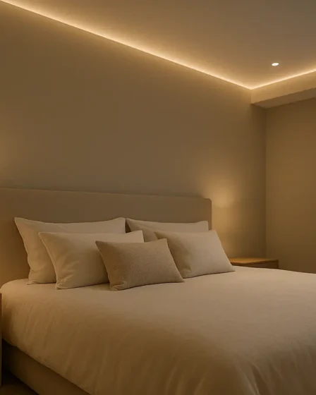 quarto iluminacao indireta moderna Quarto moderno com iluminação indireta suave embutida, cama clara e decoração minimalista