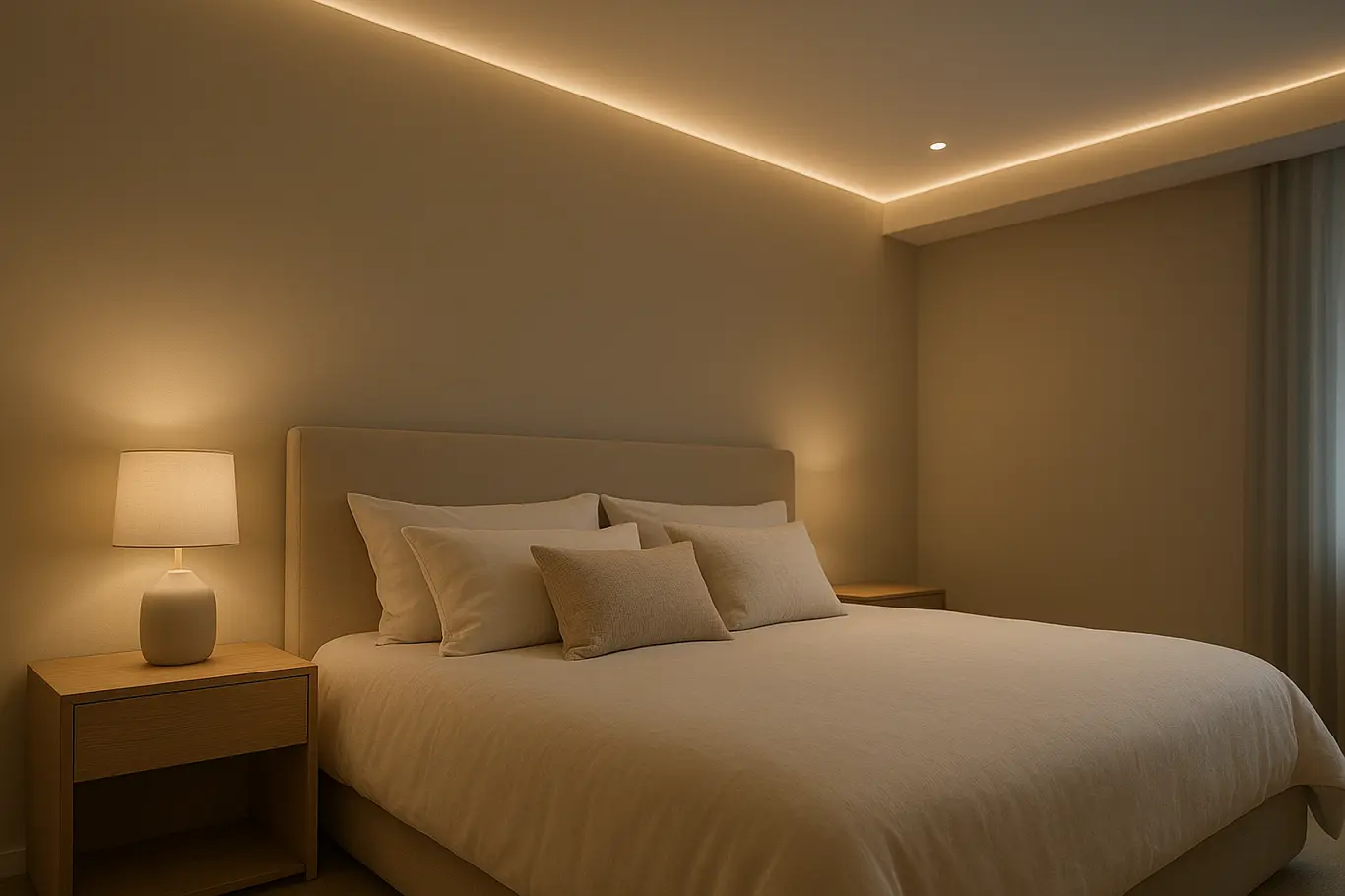 quarto iluminacao indireta moderna Quarto moderno com iluminação indireta suave embutida, cama clara e decoração minimalista