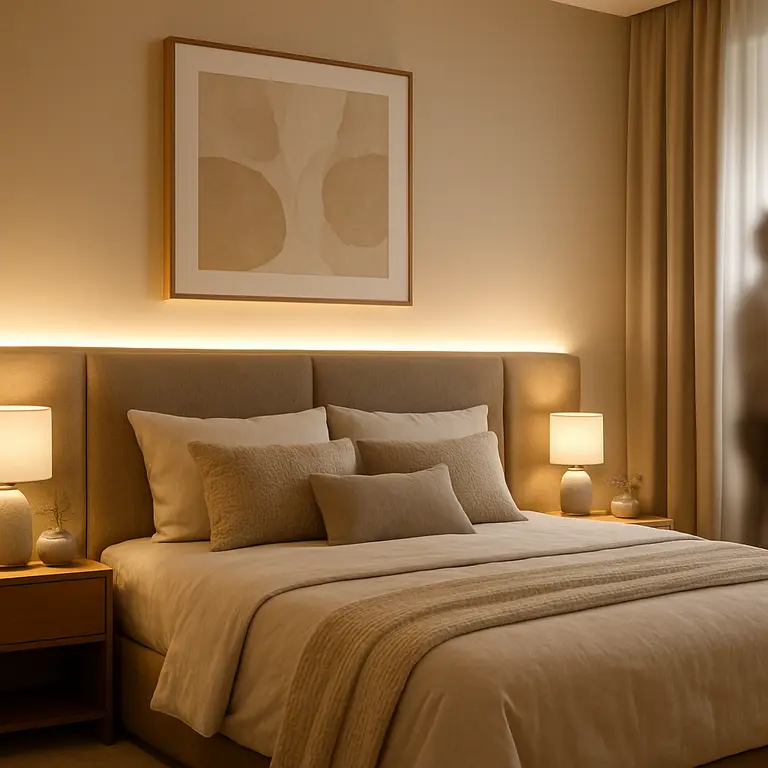 Quarto moderno com iluminação indireta suave, cabeceira estofada e obra de arte na parede