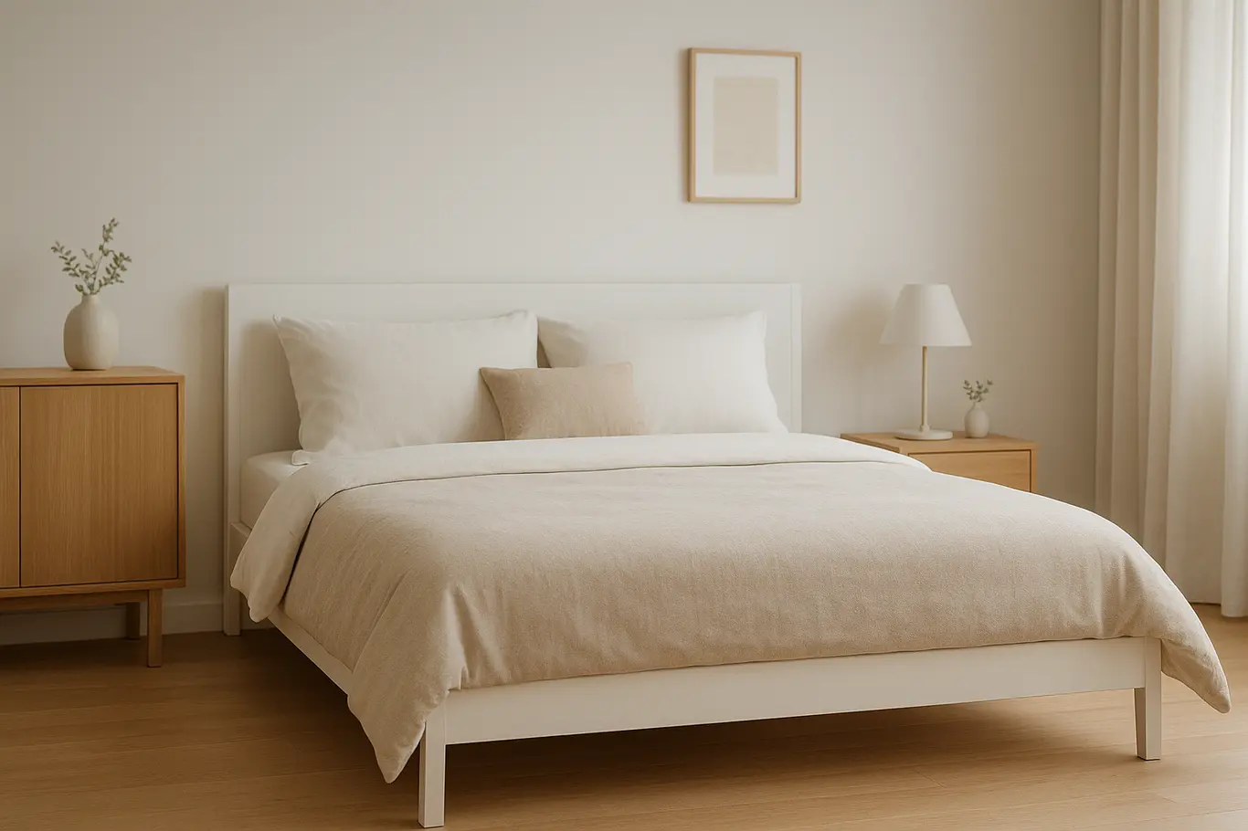 quarto minimalista clean branco madeira Quarto minimalista clean com cama branca e madeira clara
