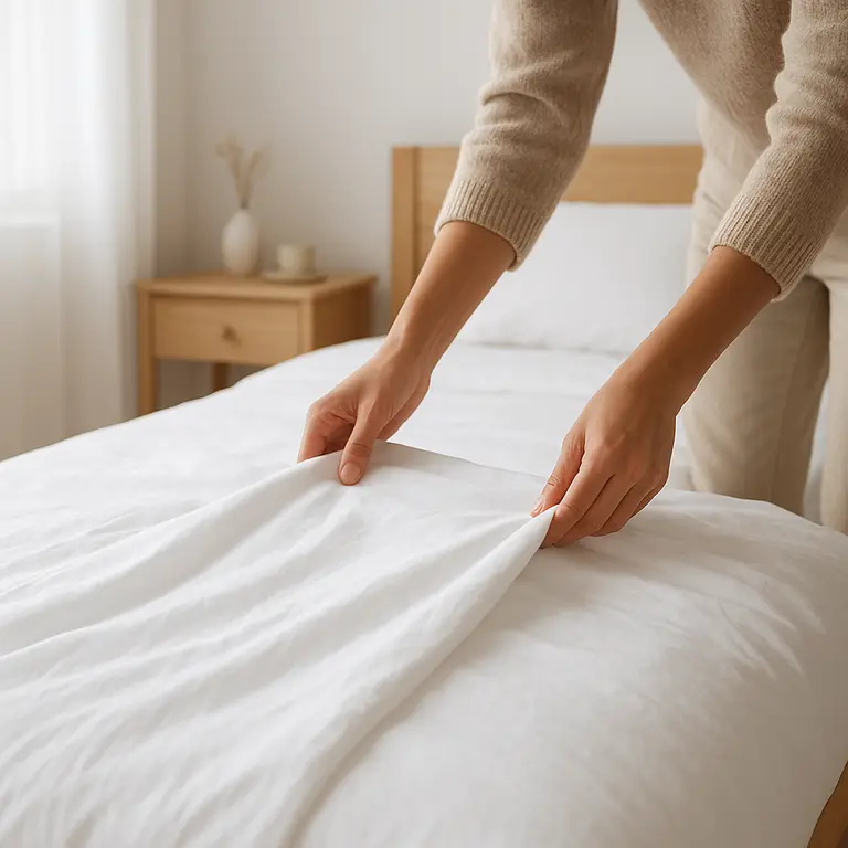 Pessoa arrumando cama com roupas de cama branca em quarto minimalista clean com mobília clara