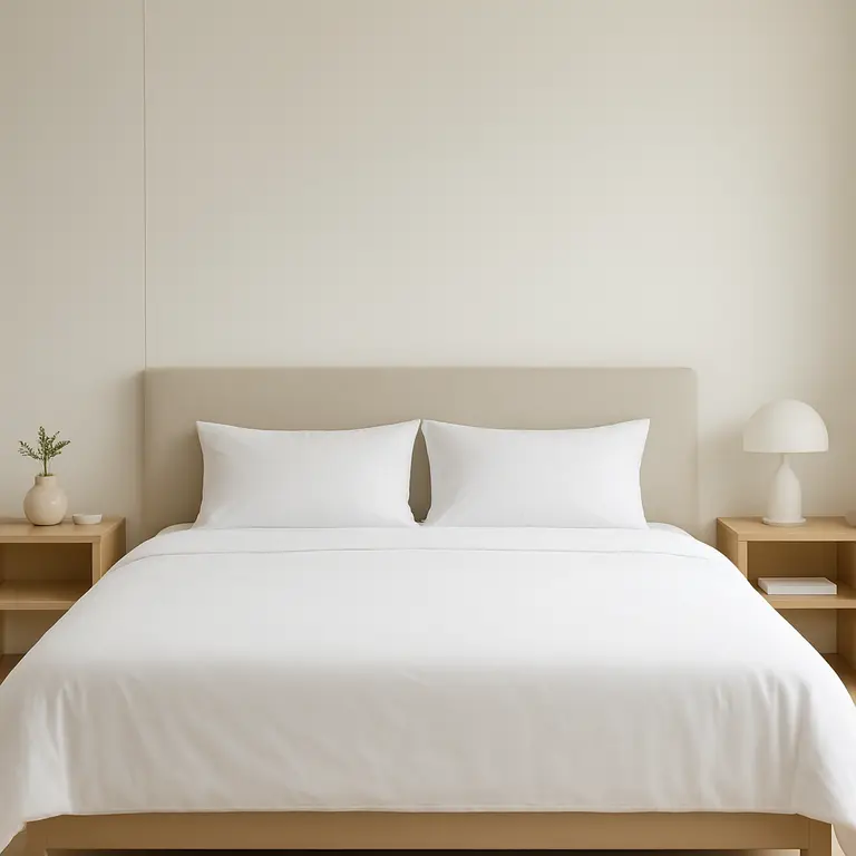 Quarto minimalista clean com cama branca, mesas de cabeceira e paredes claras