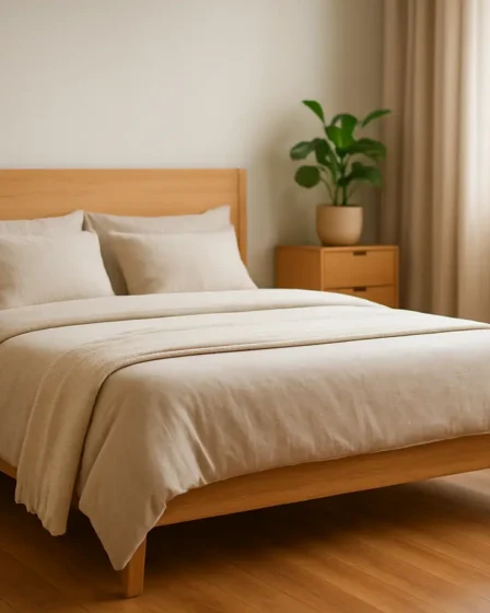 quarto moderno com madeira decoracao Quarto moderno com cabeceira e móveis de madeira clara, plantas verdes e piso polido