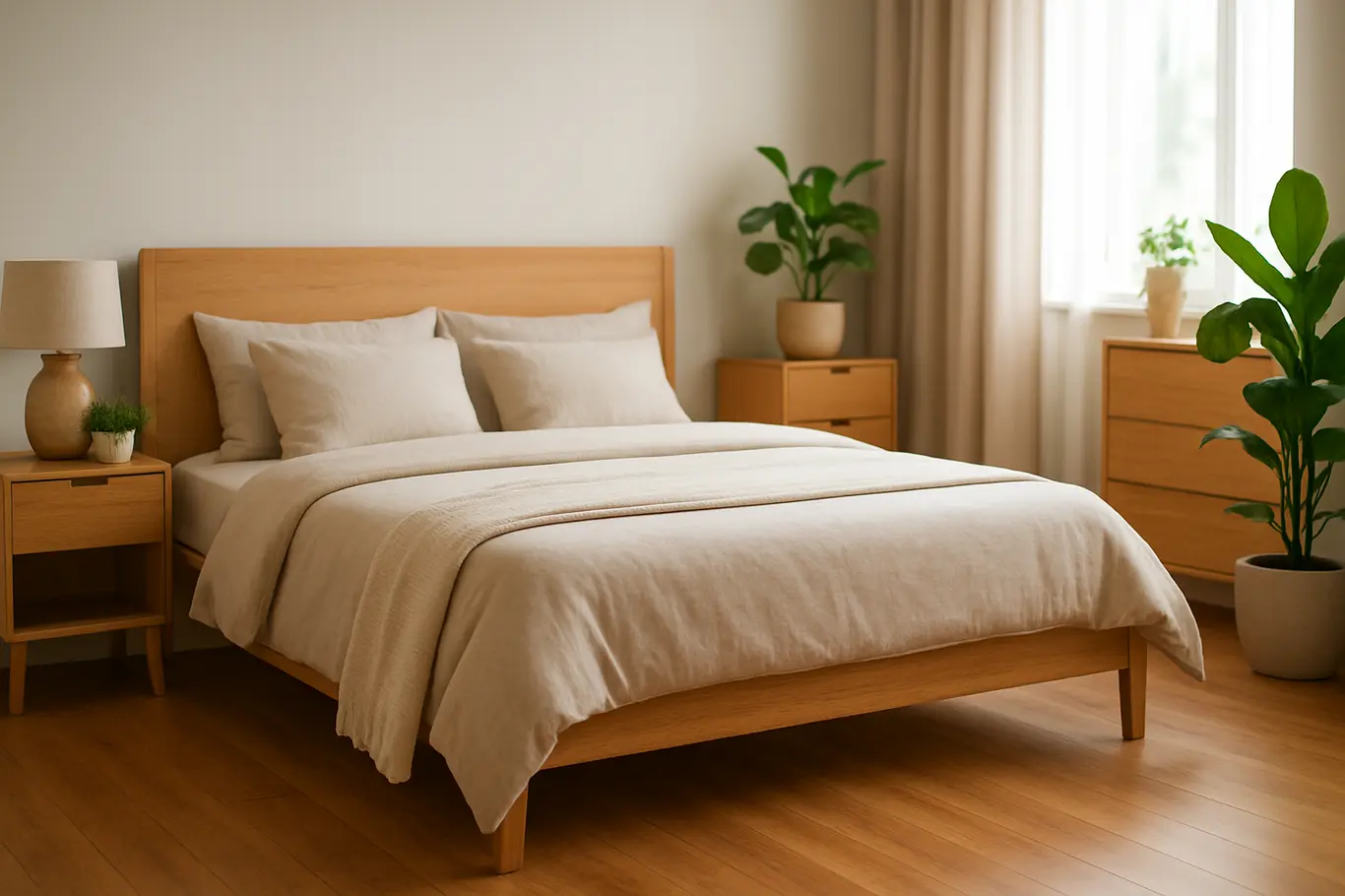 quarto moderno com madeira decoracao Quarto moderno com cabeceira e móveis de madeira clara, plantas verdes e piso polido