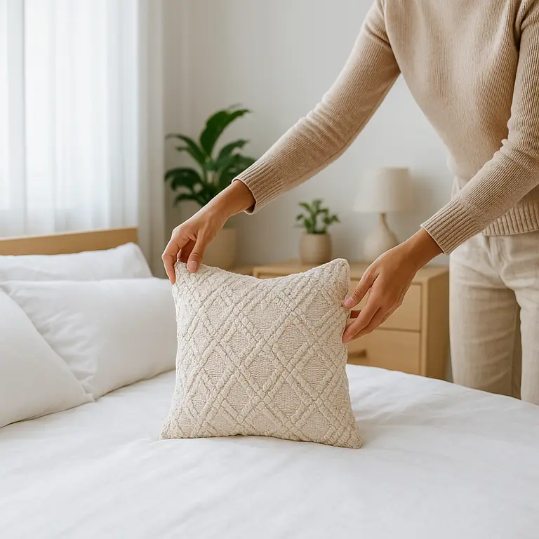 Mulher arrumando cama de casal com roupa branca em quarto moderno elegante com móveis claros e plantas