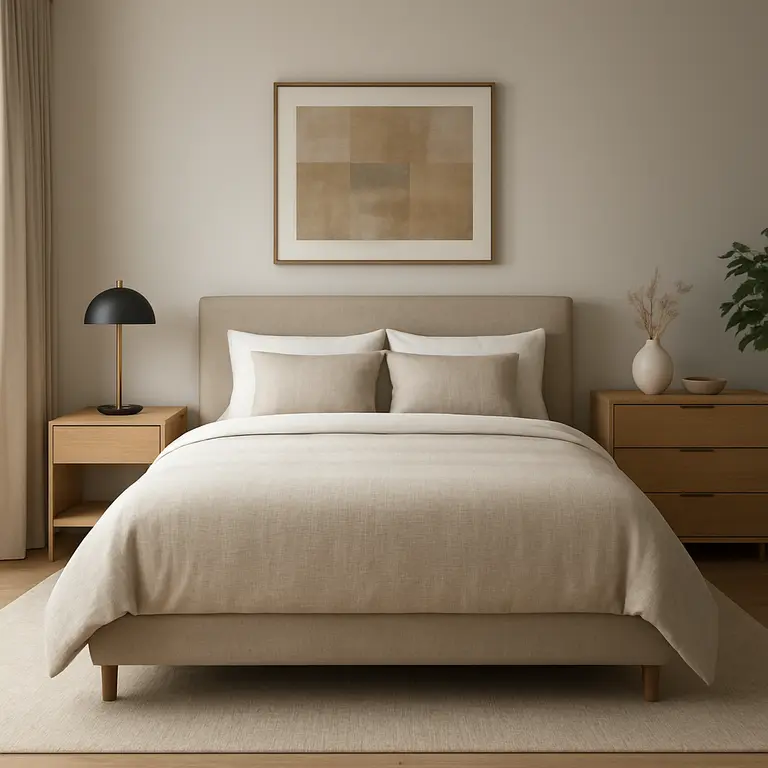 Quarto moderno elegante com cama de linhas retas, móveis minimalistas claros e luminária metálica fosca