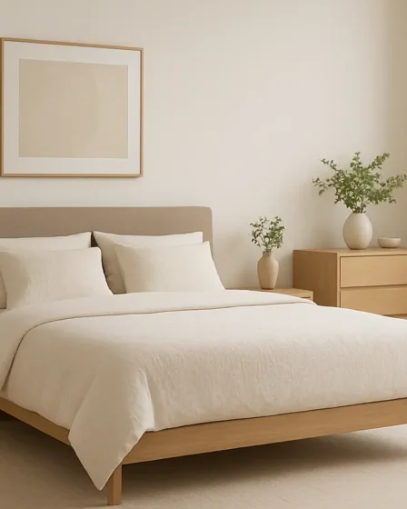 quarto moderno elegante decoracao sofisticada Quarto moderno elegante com cama contemporânea e móveis de madeira clara