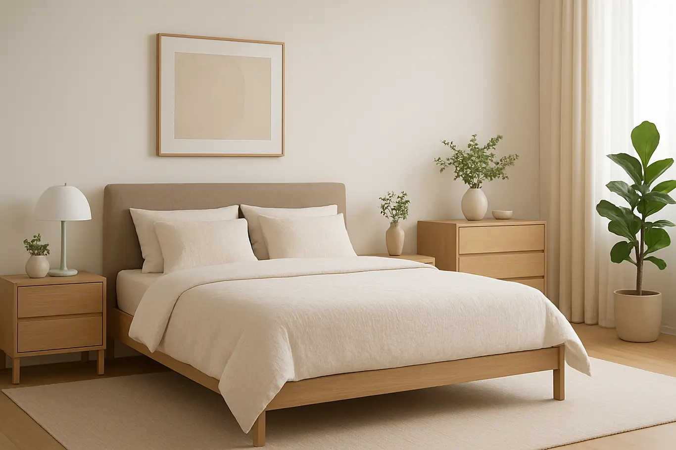 quarto moderno elegante decoracao sofisticada Quarto moderno elegante com cama contemporânea e móveis de madeira clara