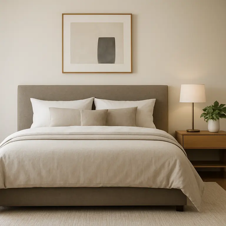 Quarto moderno elegante com cama de casal e iluminação sofisticada