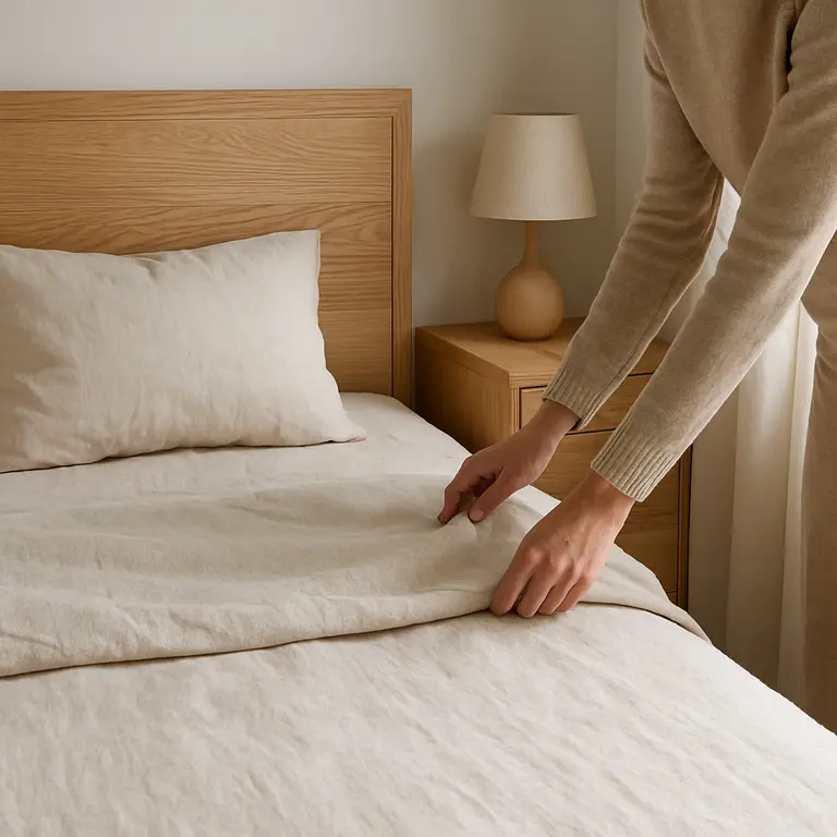 Pessoa ajustando roupa de cama em quarto moderno com madeira clara