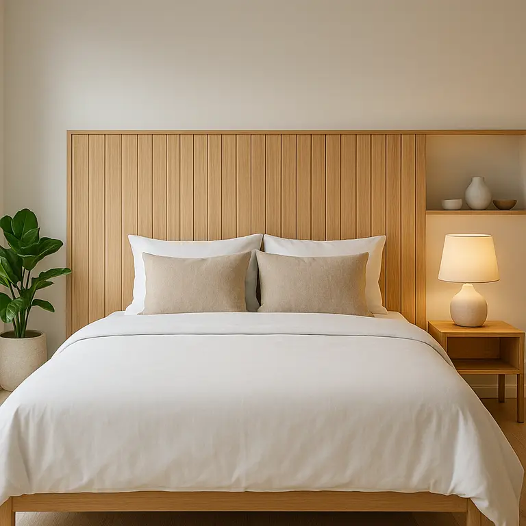 Quarto moderno com cama de madeira clara e iluminação natural abundante