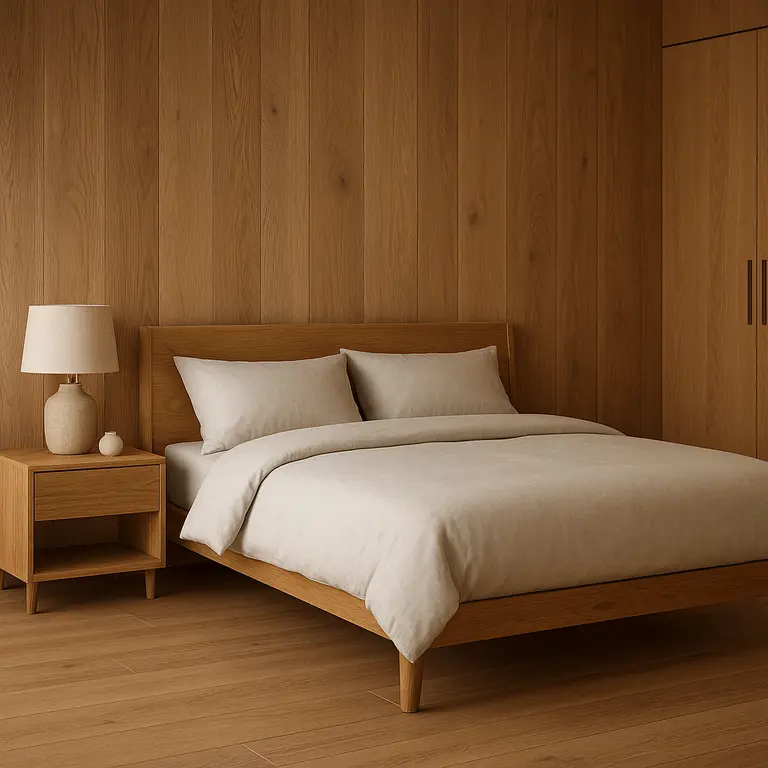 Quarto moderno com paredes e móveis em madeira natural média e cama com roupa de cama neutra
