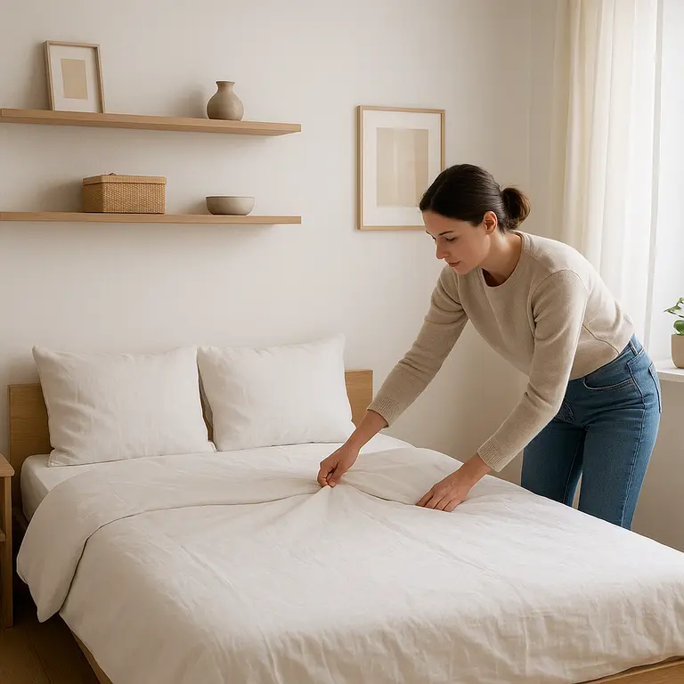Pessoa arrumando cama pequena com roupas claras e decoração funcional em quarto compacto