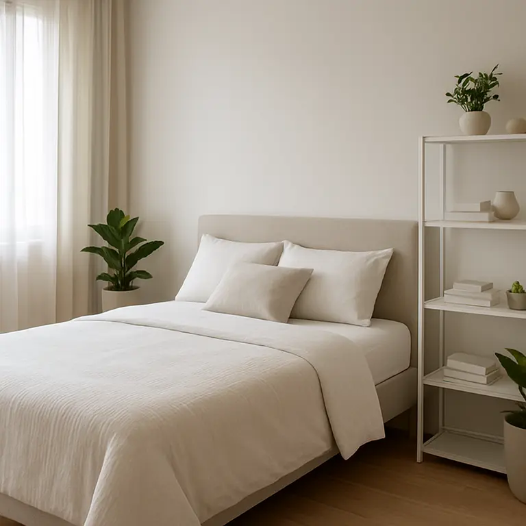 Quarto pequeno decorado com cama e prateleiras organizadas