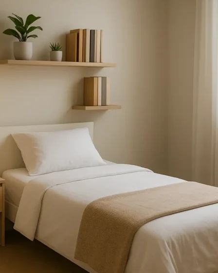 quarto pequeno decorado moderno funcional Quarto pequeno decorado moderno e funcional com cama de solteiro clara, mesa de cabeceira minimalista, prateleiras com livros e plantas, iluminação suave e piso de madeira clara