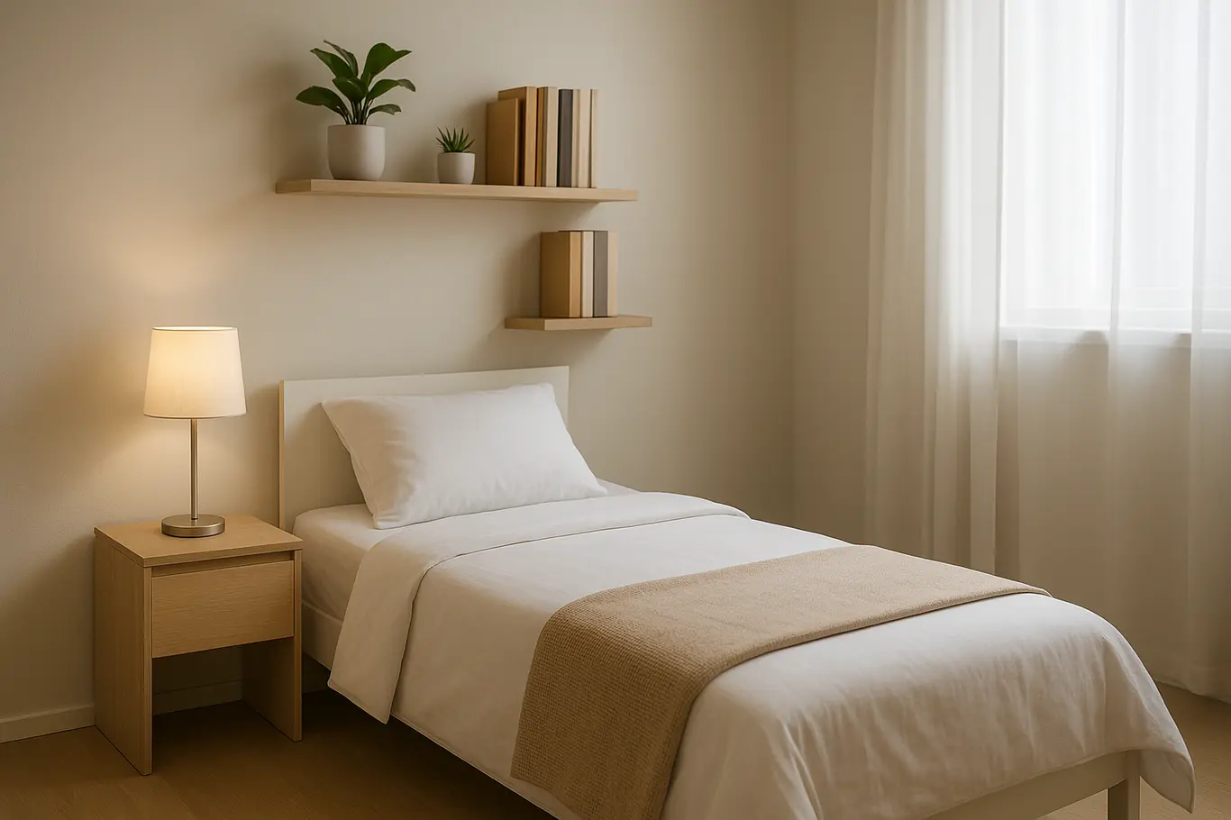 quarto pequeno decorado moderno funcional Quarto pequeno decorado moderno e funcional com cama de solteiro clara, mesa de cabeceira minimalista, prateleiras com livros e plantas, iluminação suave e piso de madeira clara