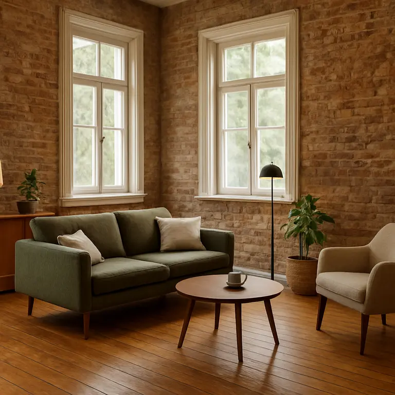 Sala de estar de casa antiga reformada com móveis clássicos e decoração aconchegante