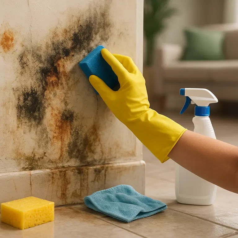 Técnico realizando restauração rápida em parede com danos de água, fogo e mofo