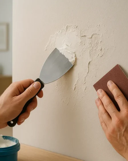 restauracao danos casa reparo parede Mãos profissionais reparando parede interna com espátula e massa corrida