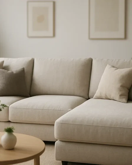 sala com sofa modular moderna Sala de estar moderna com sofá modular elegante em tons neutros e almofadas decorativas