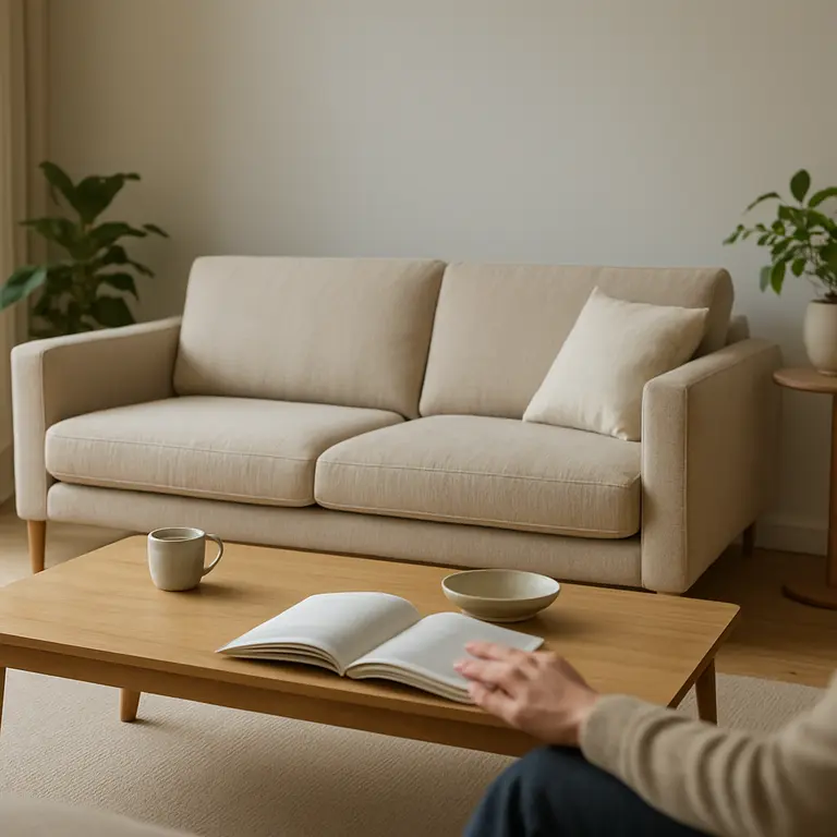 Sala de estar minimalista com sofá neutro, mesa de centro funcional e plantas discretas ao fundo