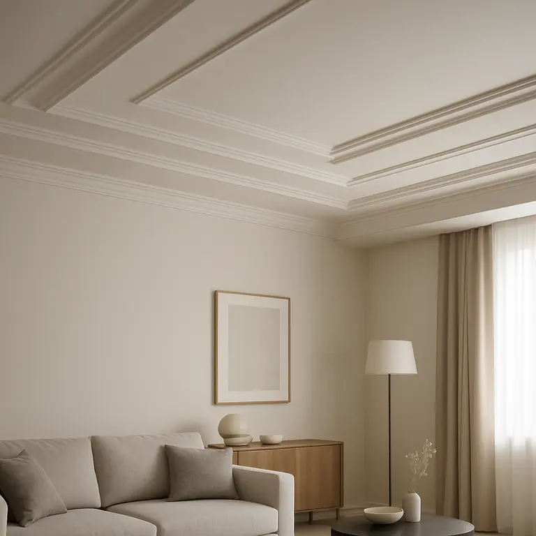 Sala de estar moderna com teto decorado por molduras horizontais e caixas criando profundidade