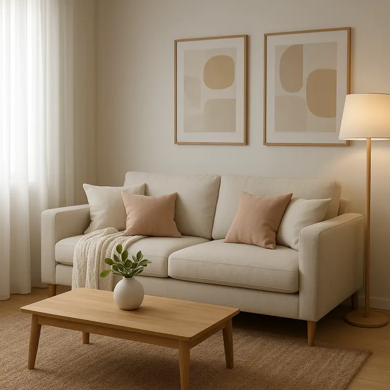 Sala minimalista moderna com móveis claros e decoração aconchegante