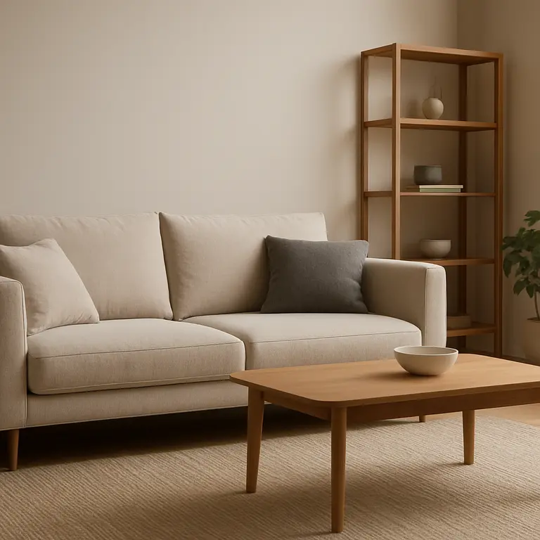 Sala minimalista moderna com sofá neutro, tapete natural e estante com poucos objetos