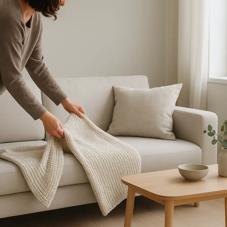 Pessoa ajustando manta de lã sobre sofá neutro em sala minimalista moderna