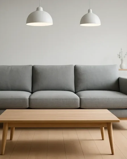 sala minimalista moderna sofa mesa centro Sala minimalista moderna com sofá cinza e mesa de centro em madeira natural
