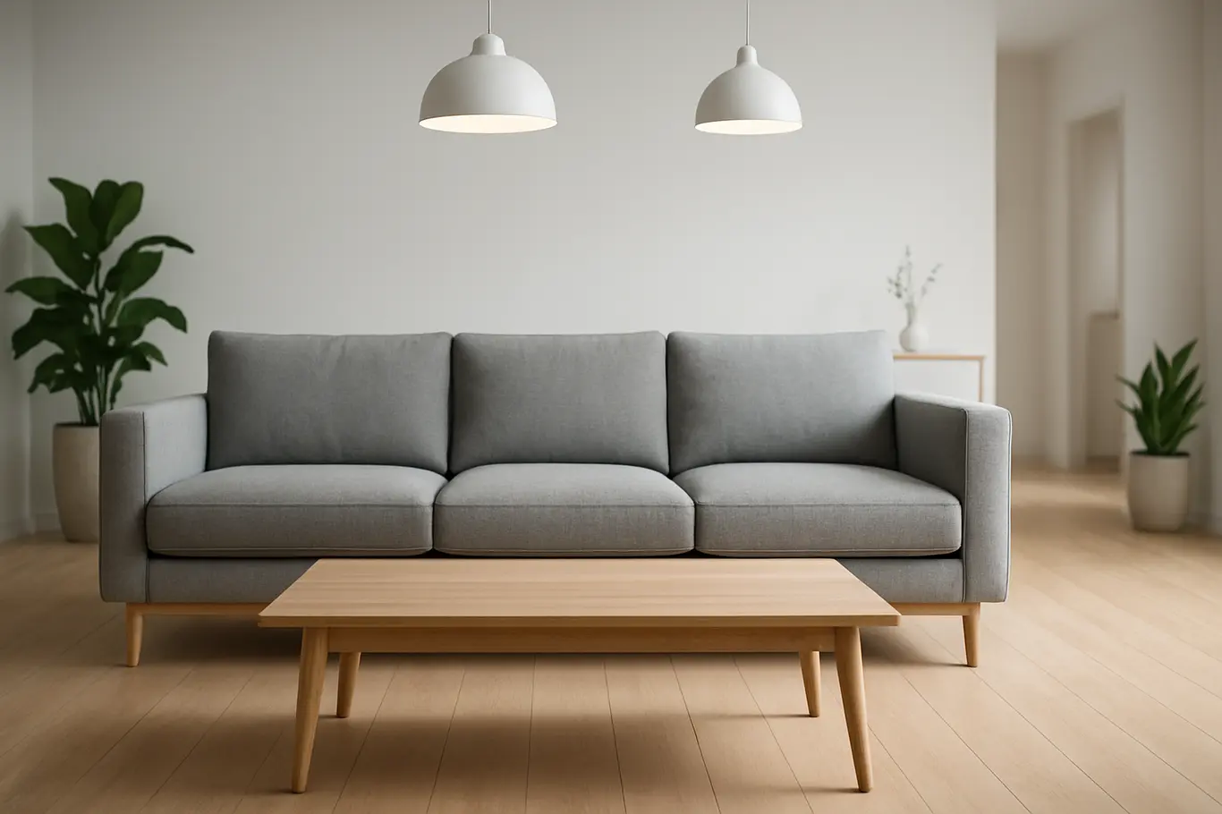 sala minimalista moderna sofa mesa centro Sala minimalista moderna com sofá cinza e mesa de centro em madeira natural