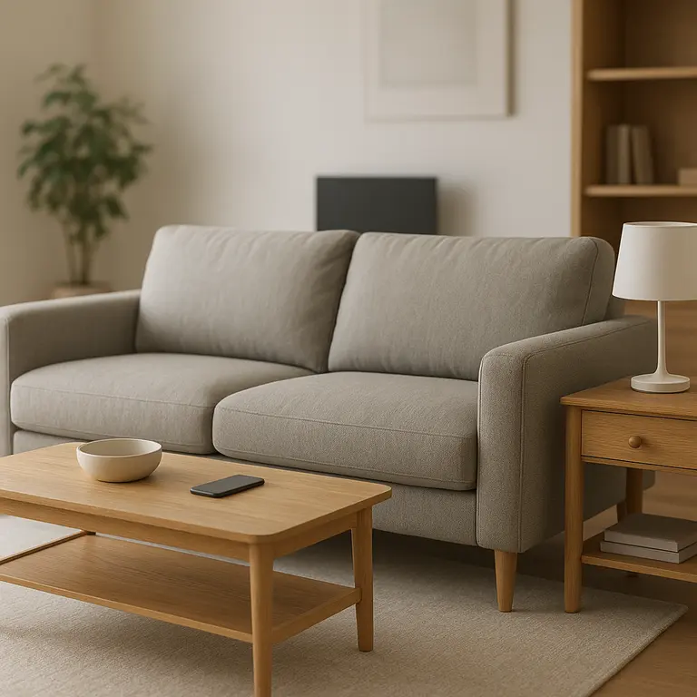 Sala moderna com sofá confortável em tecido suave, mesa de apoio multifuncional em madeira clara e estante integrada com decoração minimalista