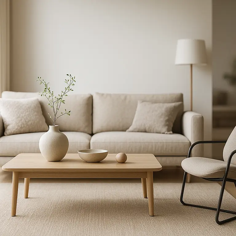 Sala moderna com sofá cinza, mesa de centro branca e decoração minimalista