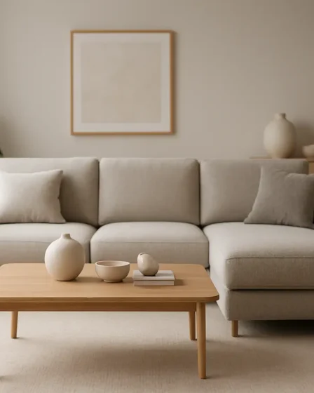 sala moderna design minimalista 2026 Sala moderna 2026 com sofá modular elegante e mesa de centro em madeira clara em ambiente clean e iluminado