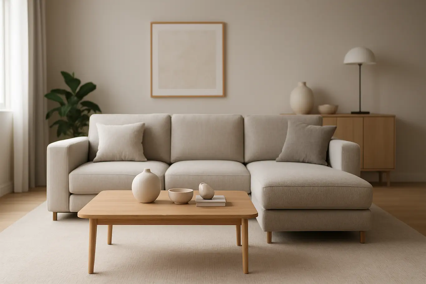 sala moderna design minimalista 2026 Sala moderna 2026 com sofá modular elegante e mesa de centro em madeira clara em ambiente clean e iluminado