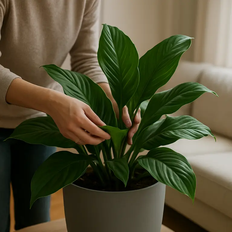 Pessoa ajustando folhas verdes de planta grande em vaso moderno na sala de estar contemporânea