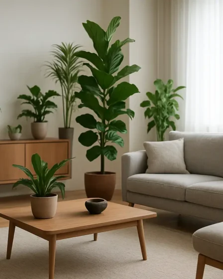 sala moderna plantas elegantes Sala moderna elegante com plantas verdes de diferentes tamanhos e mobiliário contemporâneo